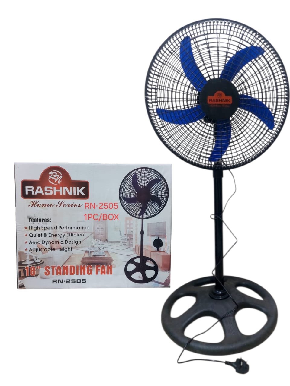 74ca5a6d-dfac-4830-bedf-a2c2a46f1ca6 18INCH RASHNIK PLASTIC BLADE AND GRILL STANDING FAN - Image 1