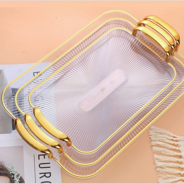 3IN1 QUALITY CRYSTAL RECTANGULAR SHAPE WITH GOLD RIMMED ARMREST SERVING TRAY - Image 3