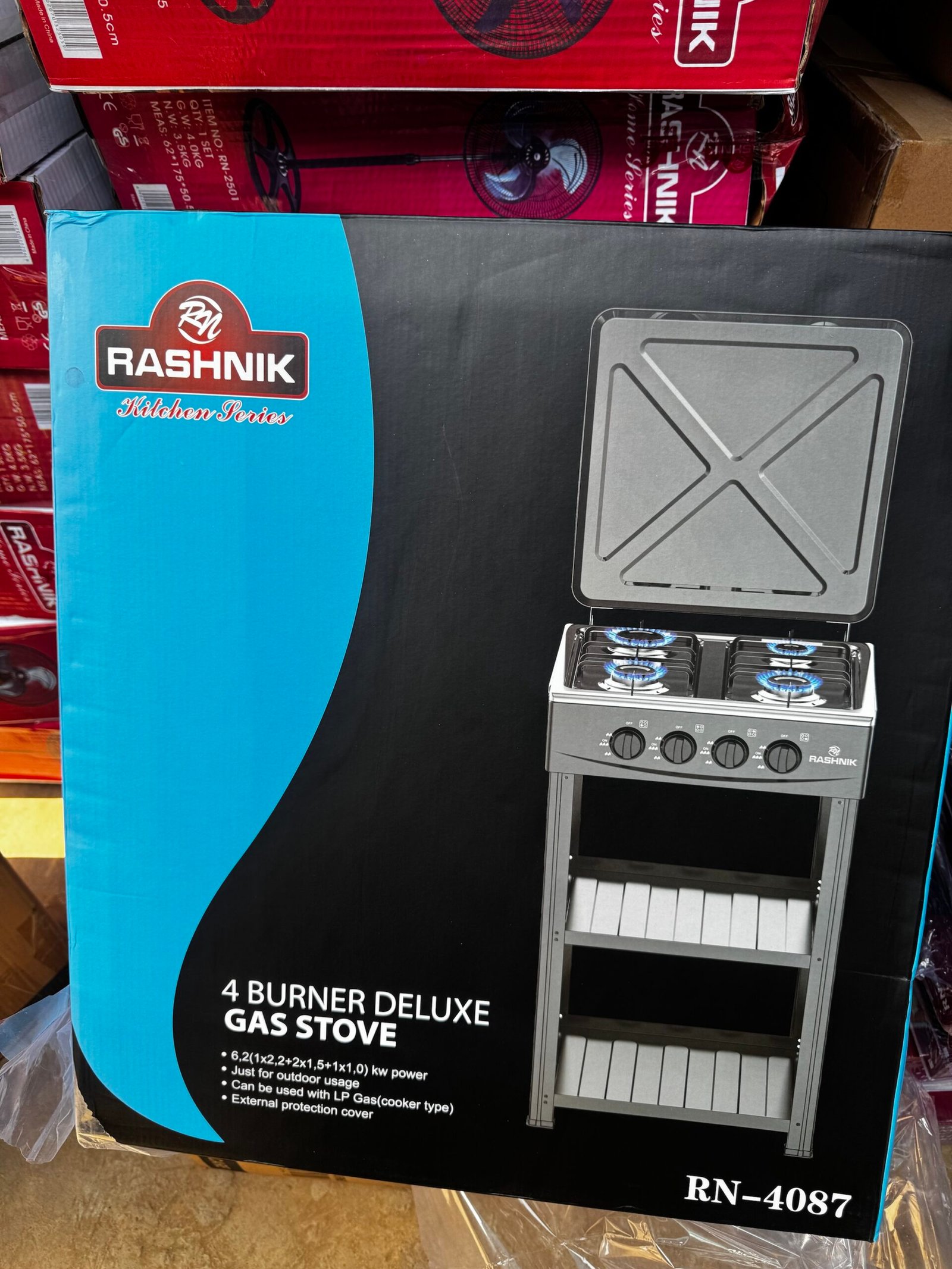 img_7125 4 FACE BURNER RASHNIK QUALITY GAS COOKER WITH 2 STEP STORAGE STAND AND COVER - Image 1
