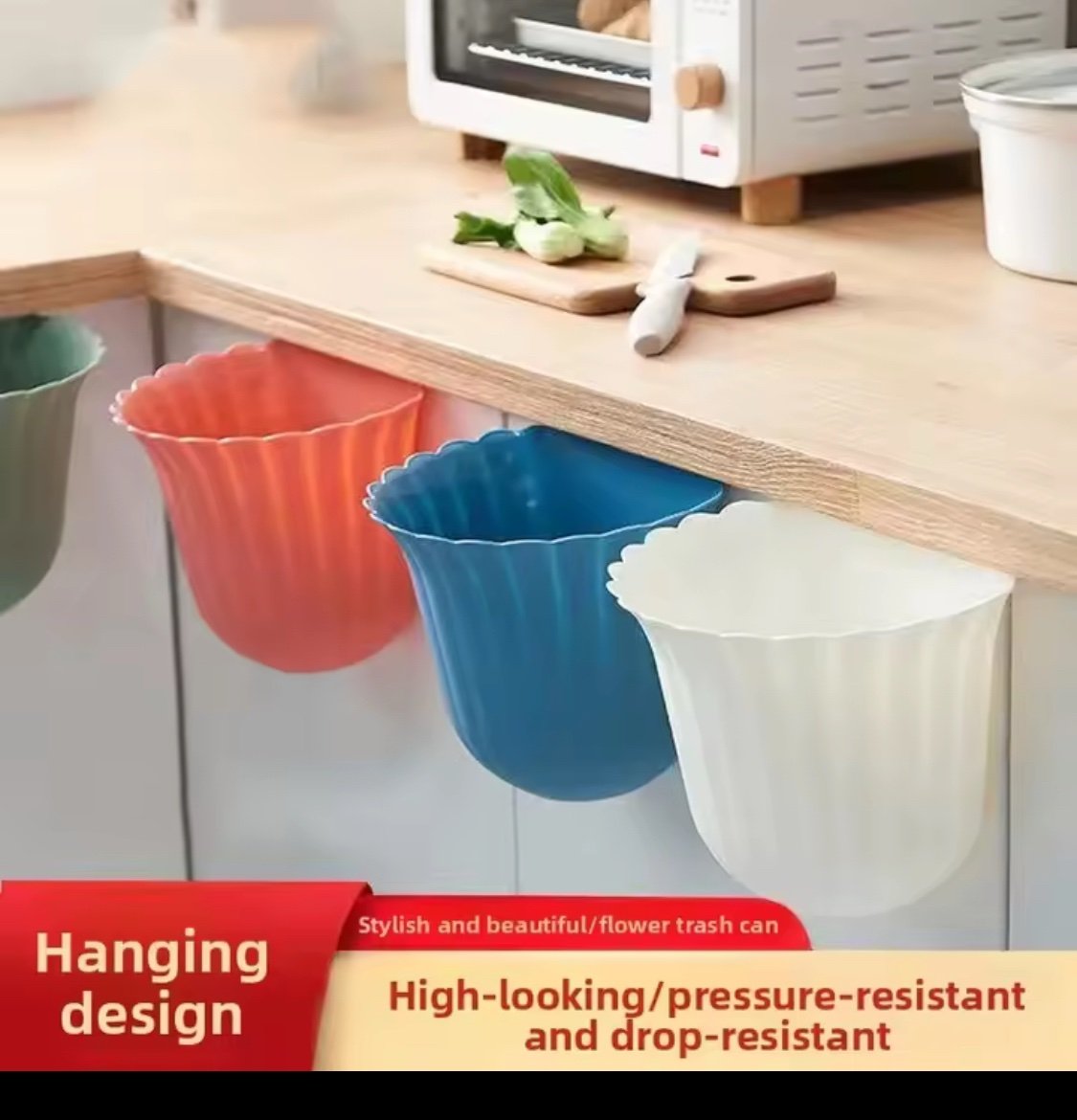 img_8643-3 Flowers Shape Kitchen Hanging Trash Can Desktop Clutter Collection Basket Cabinet Wall Mounted Garbage Bin Container Household(WHITE COLOR ONLY) - Image 1