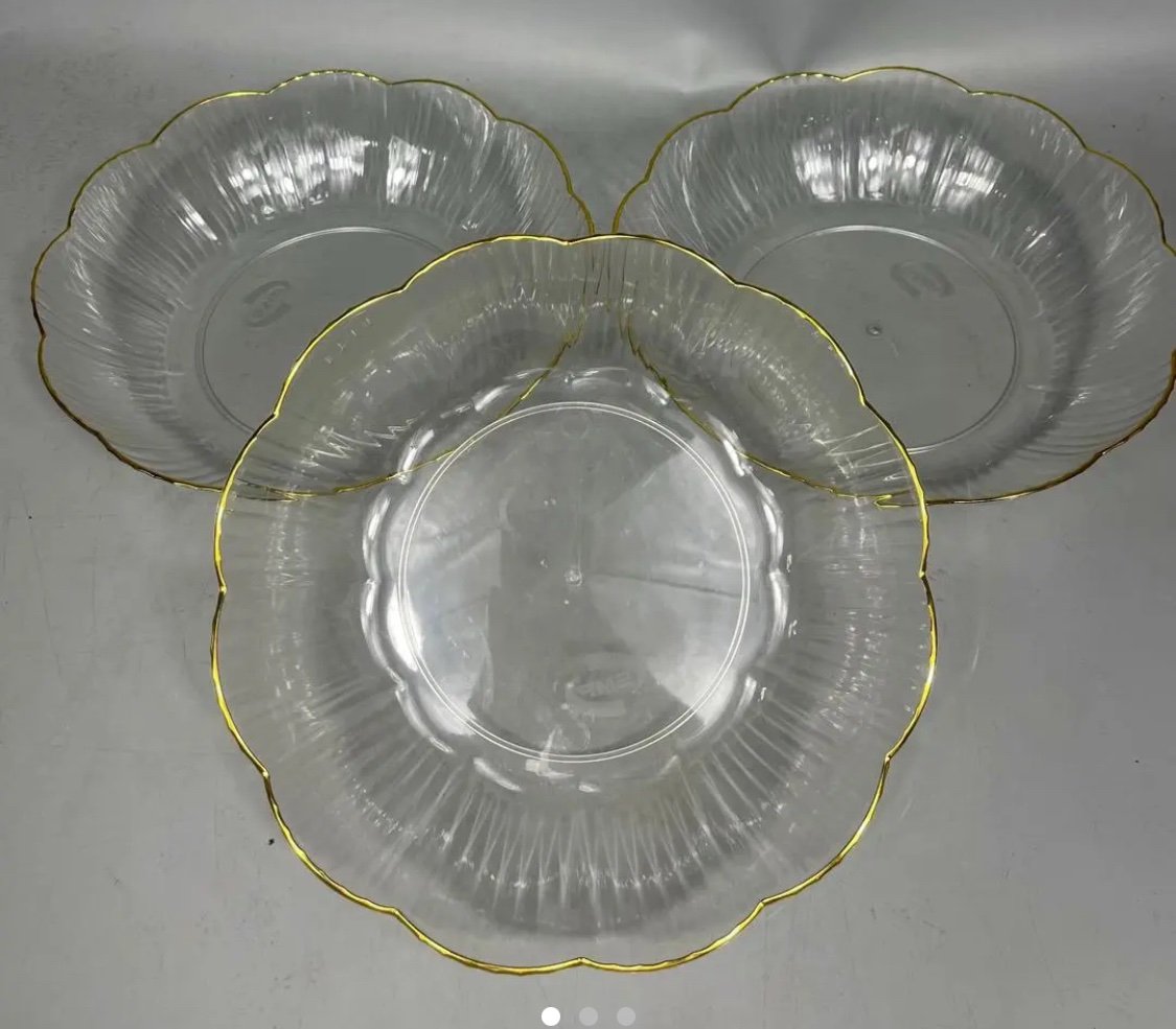 img_8712-2 3PC 10INCH FANCY QUALITY RUBBER SALAD,FRUIY,DESSERT WITH GOLD RIM DECORATIVE SERVING DISH - Image 1