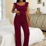 QUALITY TOP AND TROUSER FLOWERY EMBROIDERY NIGHT WEAR/LOUNGE WEAR DESIGN 3(Spandex material)