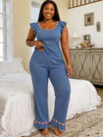 QUALITY TOP AND TROUSER FLOWERY EMBROIDERY NIGHT WEAR/LOUNGE WEAR DESIGN 3(Spandex material) - Image 3
