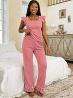 QUALITY TOP AND TROUSER FLOWERY EMBROIDERY NIGHT WEAR/LOUNGE WEAR DESIGN 3(Spandex material) - Image 2