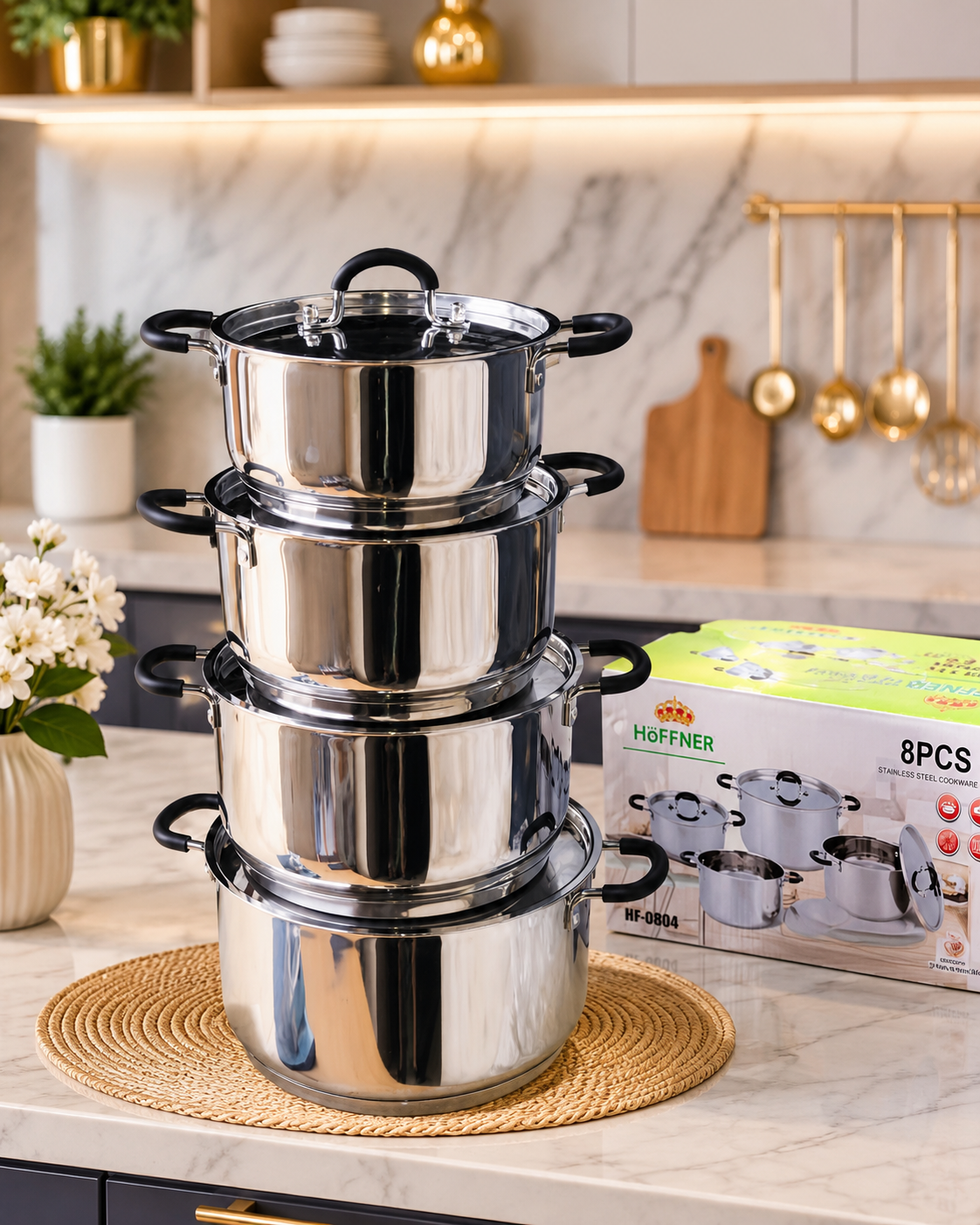 9219cc98-e8db-4288-aa2c-06a80baab125 8PC HOFFNER HF-0804 QUALITY STAINLESS STEEL COOKWARE SET POT SIZE 20,22,24,26CM - Image 1