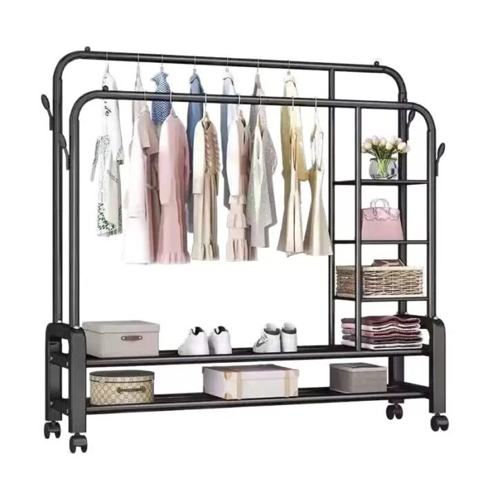 68KG QUALITY THICK DOUBLE IRON POLE/DOUBLE STEP CLOTHE RACK WITH 3 STEP SHELF AND TYRE(EXACT WEIGHT) BIGGEST SIZE 120*49*160CM - Image 2